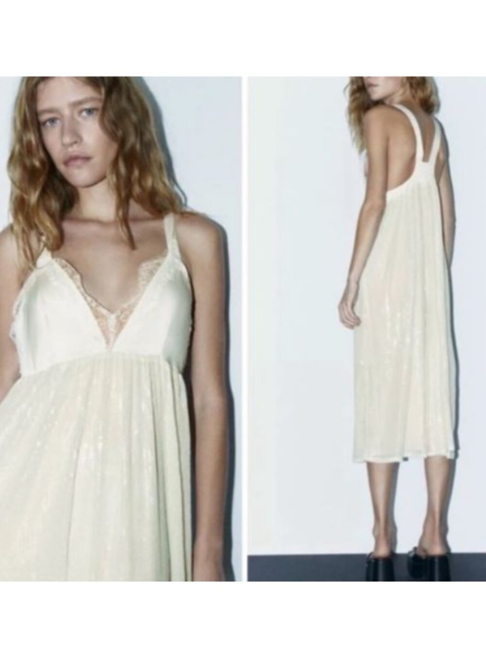Zara Sequin Satin & Lace Slip Midi Dress in Ecru Medium